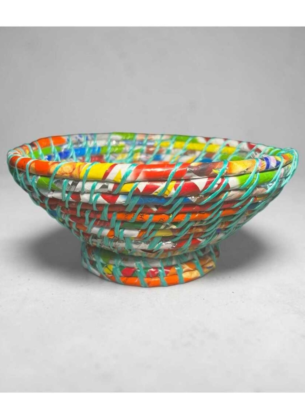 Vibrant Multicolor Footed Upcycled Wrappers Woven Decorative Bowl From Nepal